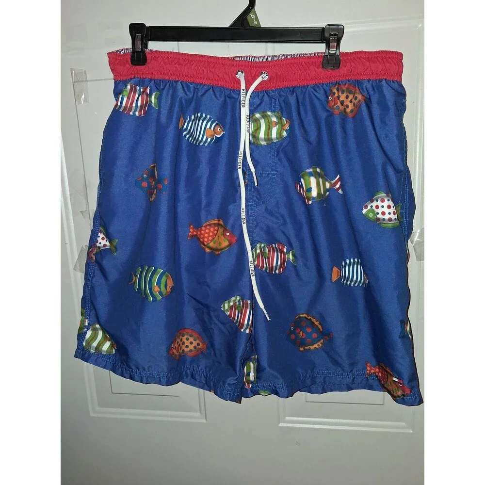 Tommy Hilfiger Mens XL Swim Trunks Blue Tropical Fish Print Beach Shorts